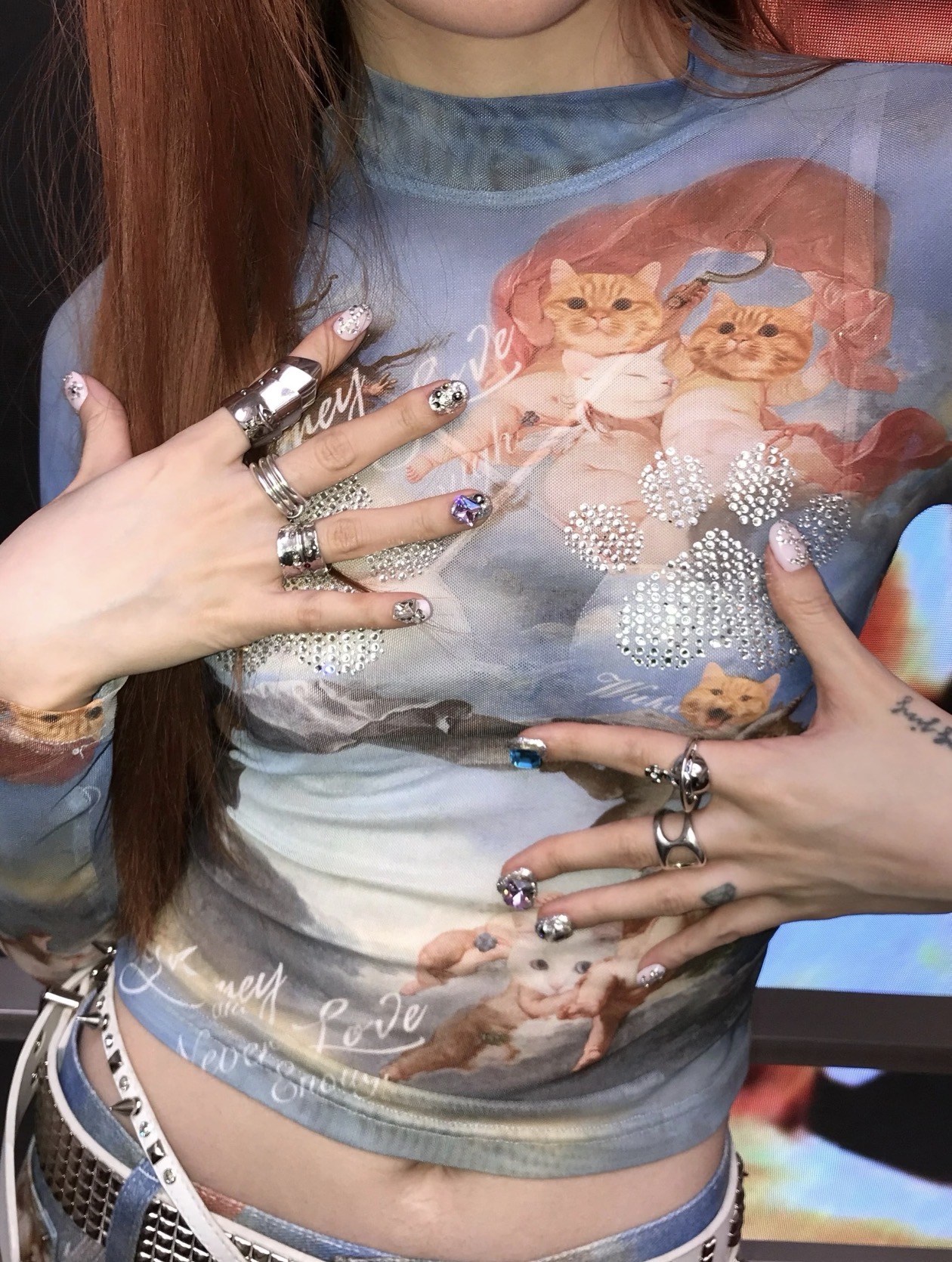 IN STOCK 🇰🇷☆♱ Angel kitten printed mesh crop top & Pants - Image 5