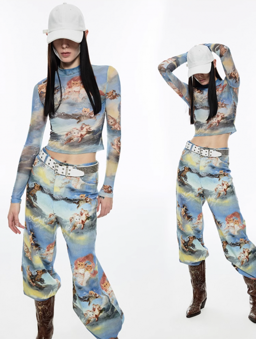 Alternative view of IN STOCK 🇰🇷☆♱ Angel kitten printed mesh crop top