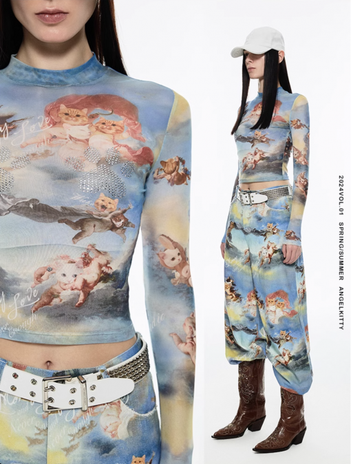 IN STOCK 🇰🇷☆♱ Angel kitten printed mesh crop top
