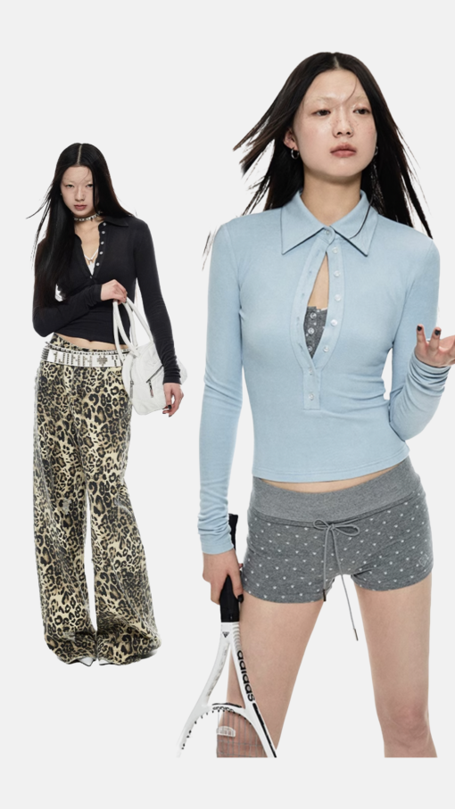 IN STOCK >ᴗ< 🇰🇷 Hallie Long Sleeve Polo Top – ONLY BLUE