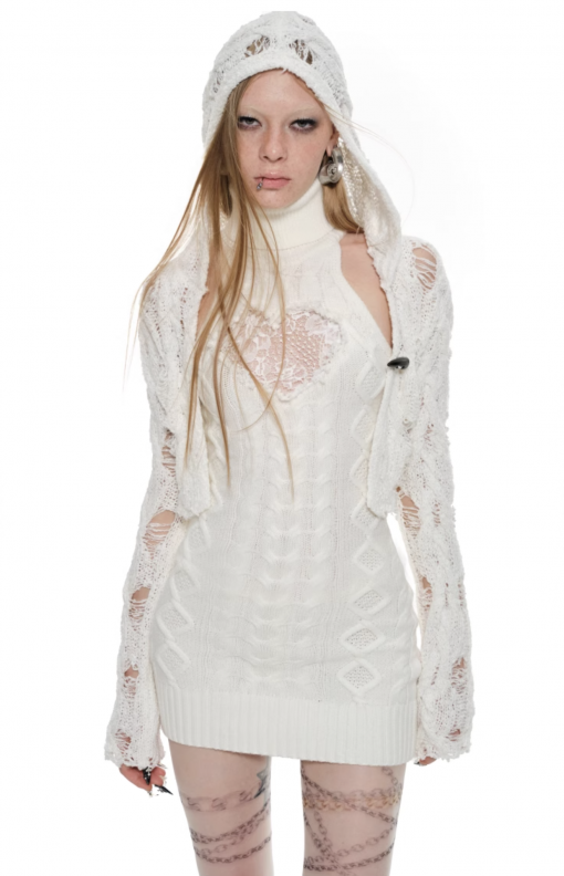 Alternative view of IN STOCK | ARIA HOLLOW OUT KNIT HOODED CROPPED CARDIGAN ‼️White color – last one left!