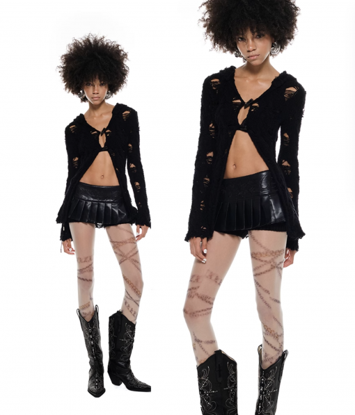 Alternative view of IN STOCK | ARIA HOLLOW OUT KNIT HOODED CARDIGAN - 2COLORS