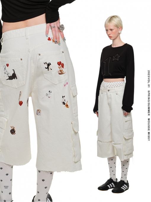 IN STOCK | WHITE CAT BLESS YOU BERMUDA LOW DENIM SHORTS