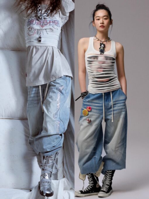 IN STOCK | MEOVV MUD-DYED WIDE-LEG JEANS FREE 🐱 CAT & DOG PERSONALIZED PRINT SET BROOCH PIN &  ♱ RHINESTONE BONE EMBELLISHMENT JEANS - 3styles