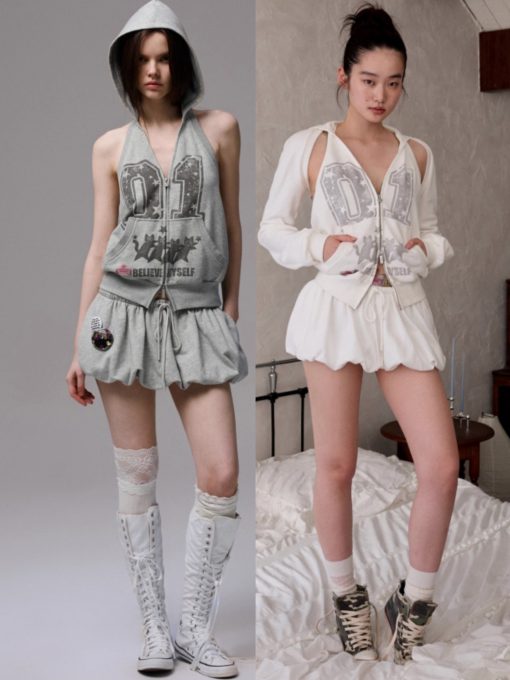 IN STOCK | SAMO 2-PIECES SET (HOODED SWEATSHIRT + VEST TOP) & TULIP MINI SKIRT - 2COLORS