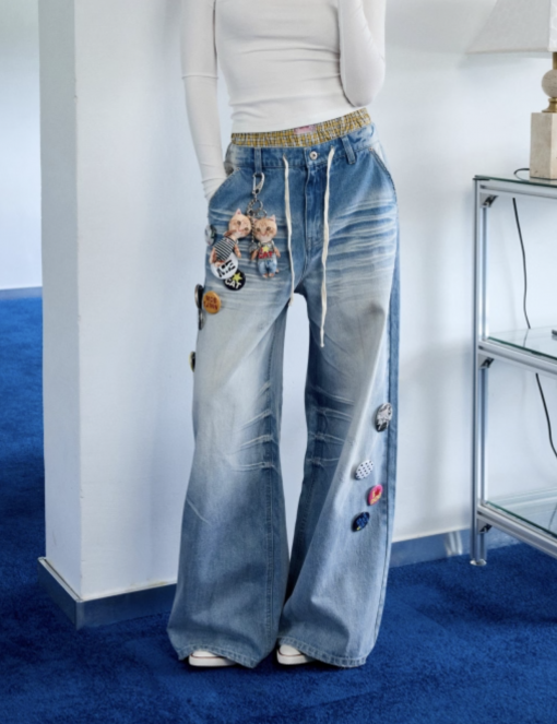 IN STOCK | MEOVV MUD-DYED WIDE-LEG JEANS FREE CAT & DOG PERSONALIZED PRINT SET BROOCH PIN