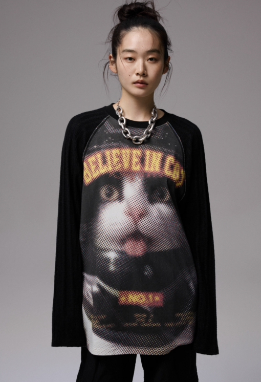 IN STOCK | MOTORCYCLE BLACK CAT PRINT KNITTED T-SHIRT
