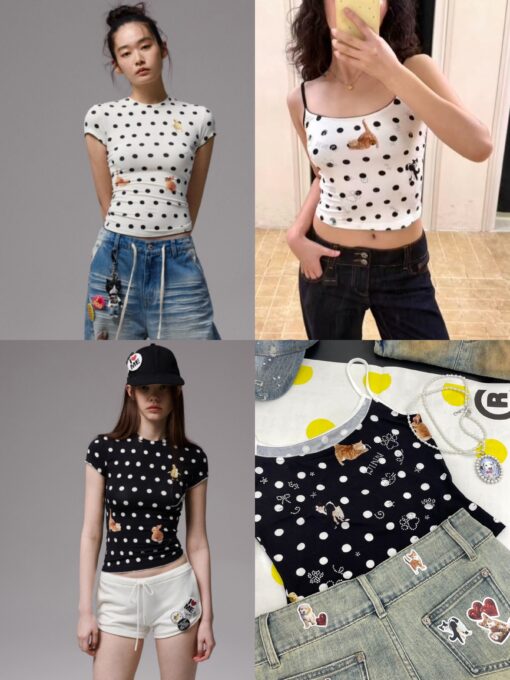 IN STOCK ♱ CATS & DOGS LOVE POLKA DOT PRINT T-SHIRT & CAMI TOP - 2colors