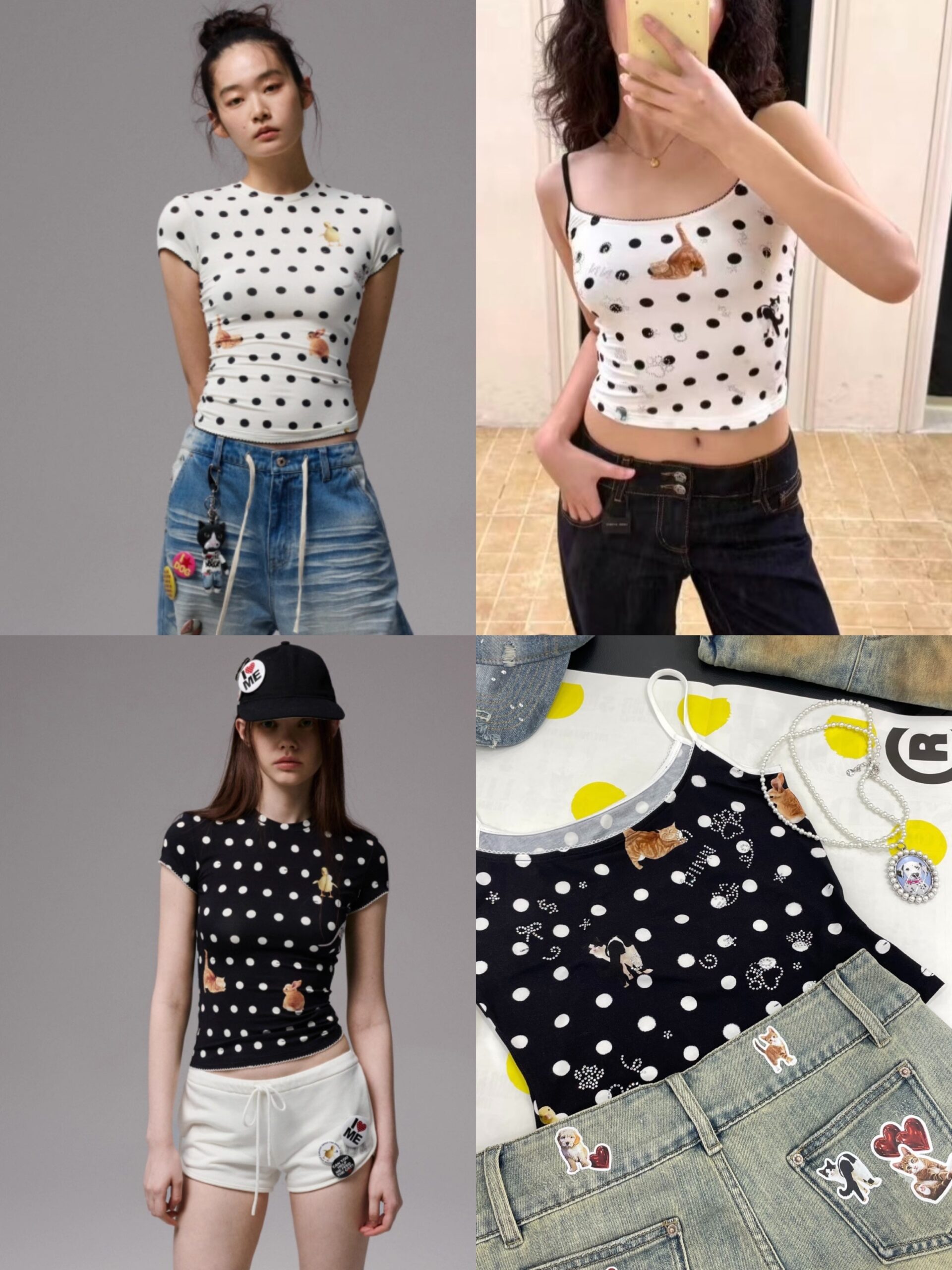IN STOCK ♱ CATS & DOGS LOVE POLKA DOT PRINT T-SHIRT & CAMI TOP - 2colors