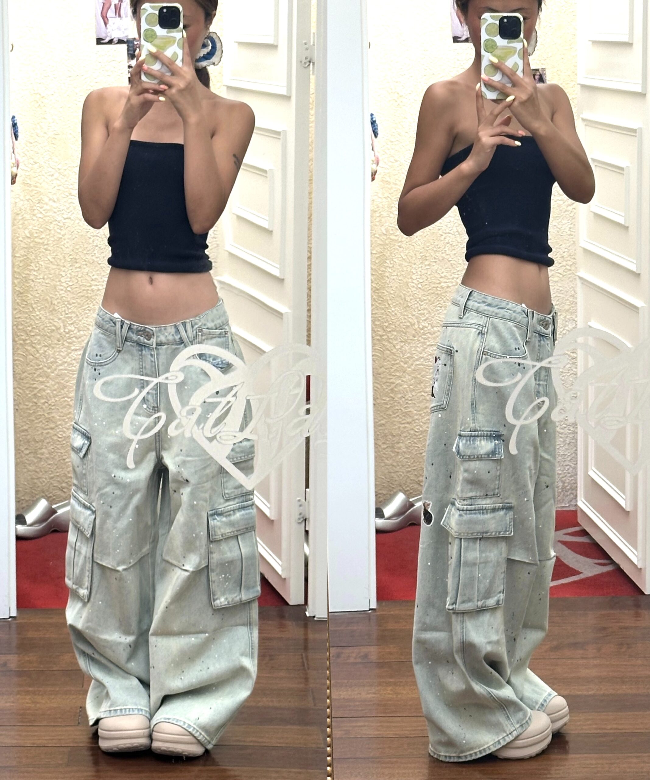 ⭑1JINN EXCLUSIVE ITEM AVAILABLE EXCLUSIVELY ONLINE AT SHELONGZ⭑ IN STOCK ♱ CAT BLESS YOU CARGO DENIM PANTS – 2COLORS - Image 3