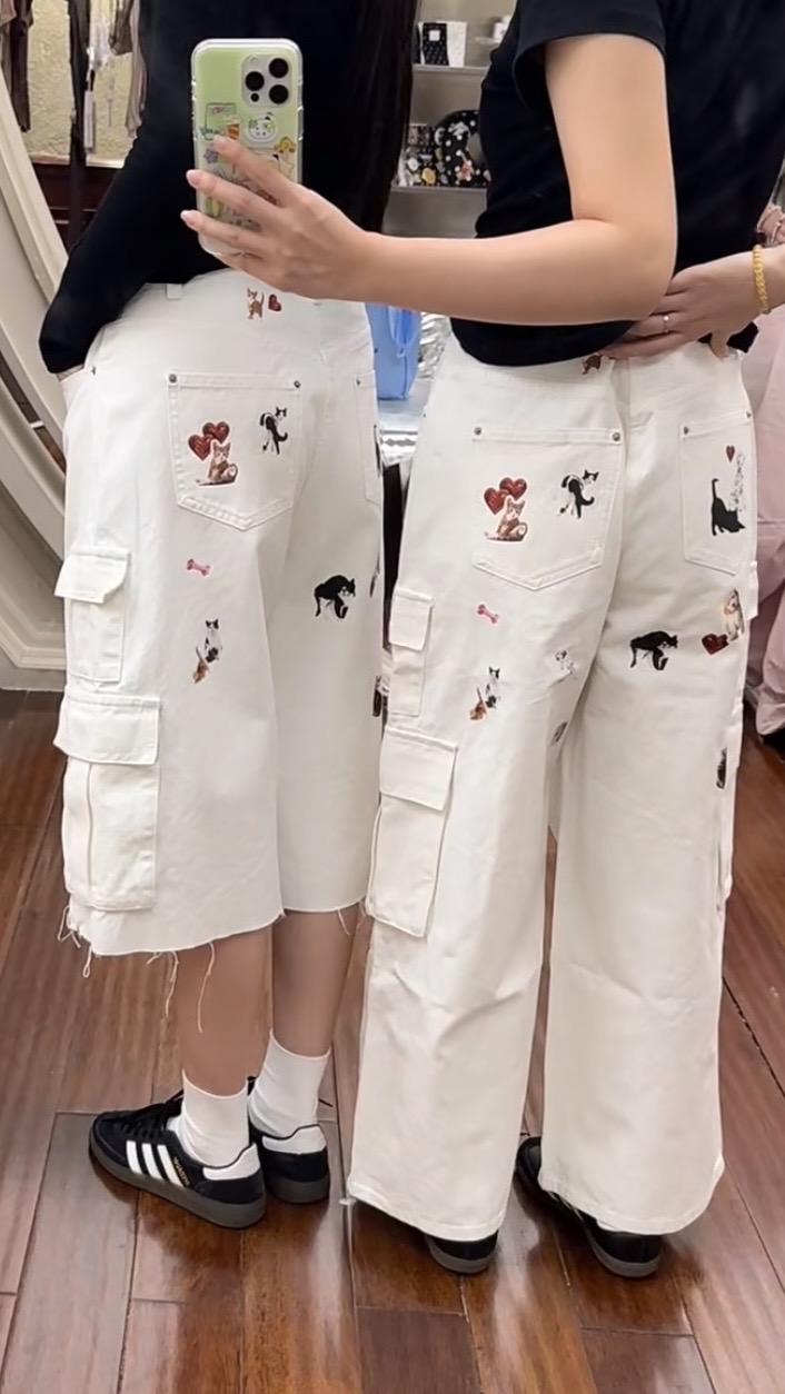 ⭑1JINN EXCLUSIVE ITEM AVAILABLE EXCLUSIVELY ONLINE AT SHELONGZ⭑ IN STOCK ♱ CAT BLESS YOU CARGO DENIM PANTS & BERMUDA LOW DENIM SHORTS