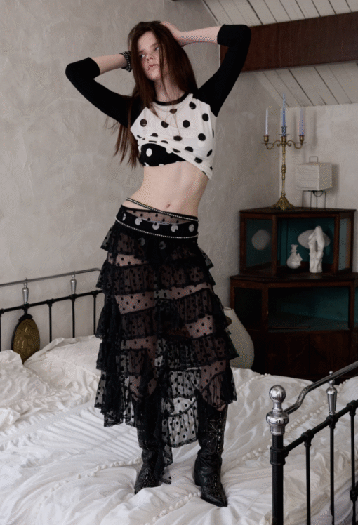 IN STOCK ♱ CANTAN POLKA DOT SHEER LACE MESH MIDI SKIRT