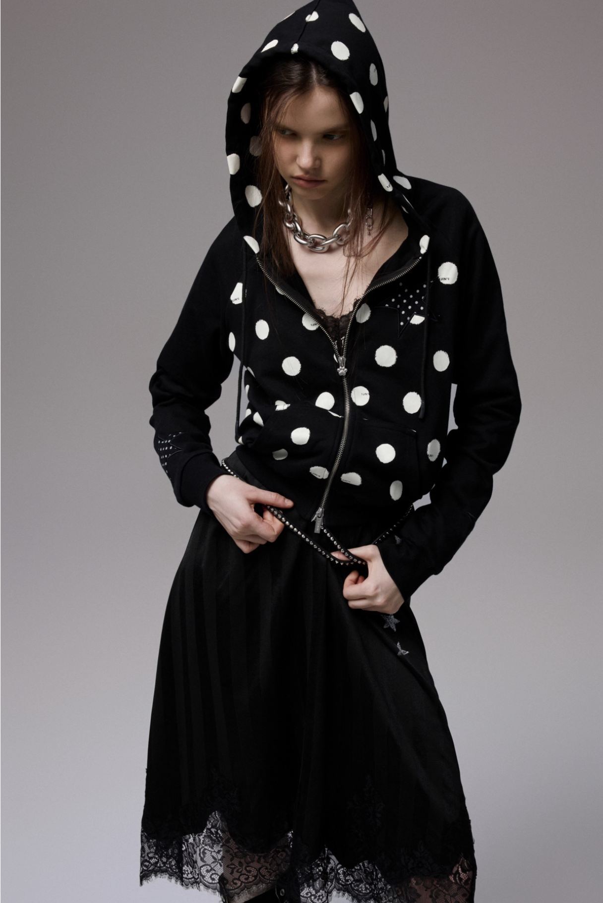 IN STOCK ♱ MAMIA POLKA DOT HOODIE -BLACK