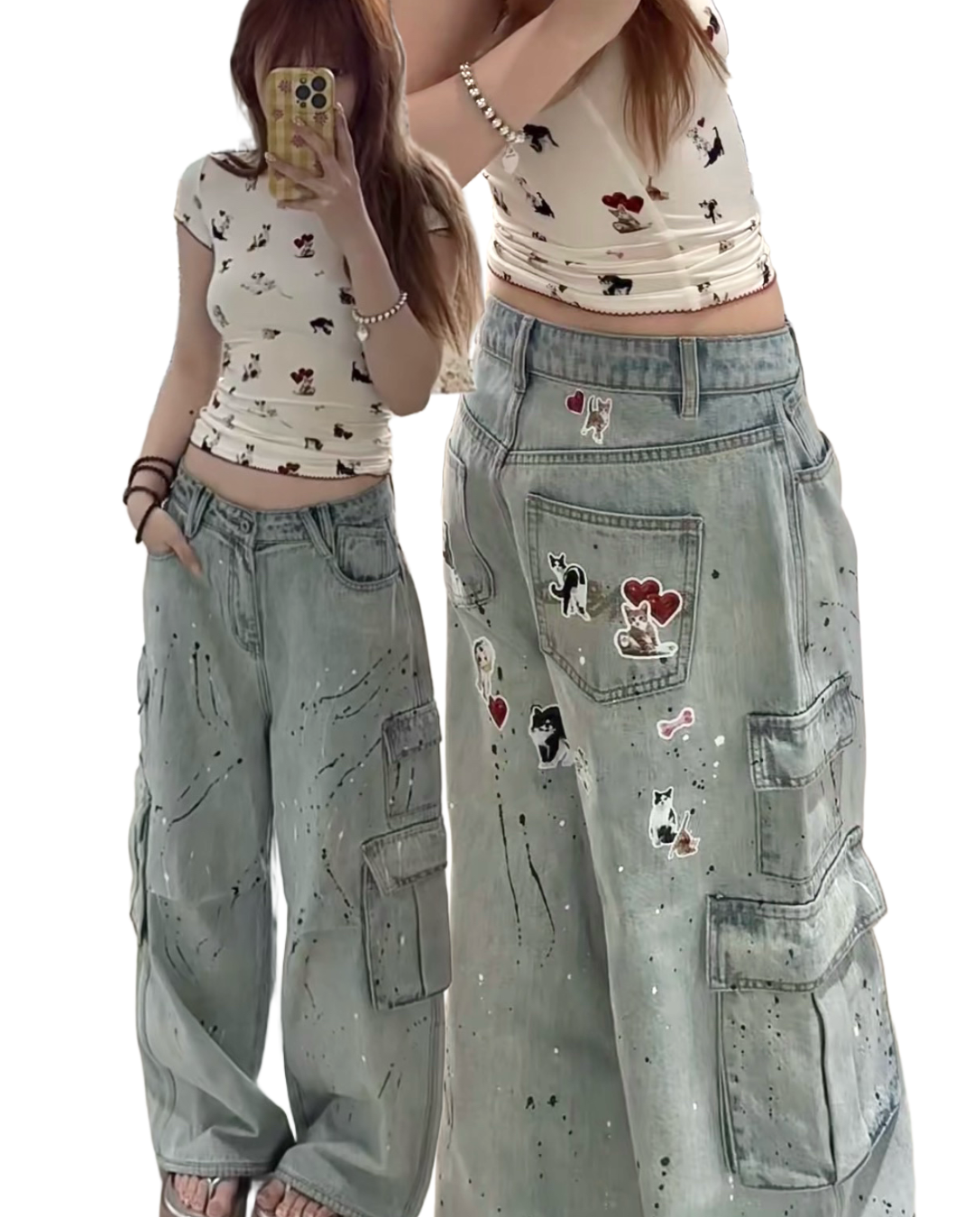 ⭑1JINN EXCLUSIVE ITEM AVAILABLE EXCLUSIVELY ONLINE AT SHELONGZ⭑ IN STOCK ♱ CAT BLESS YOU CARGO DENIM PANTS – 2COLORS