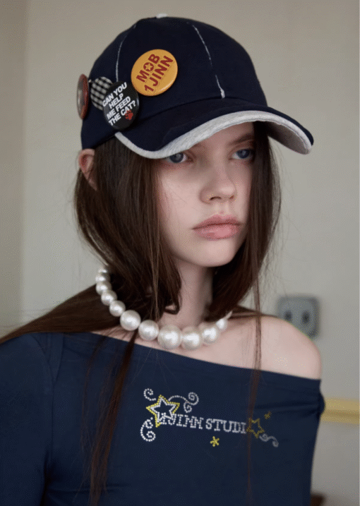 IN STOCK ♱ NAVY CONTRAST POP CAP + PLAYFUL REMOVABLE PIN BADGES