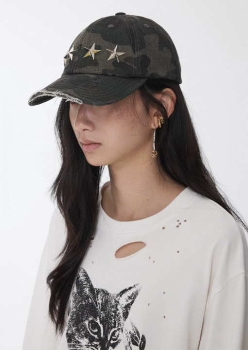 Alternative view of IN STOCK ♱ DISTRESSED STAR-STUDDED BASEBALL CAP ♱ GREEN CAMOUFLAGE