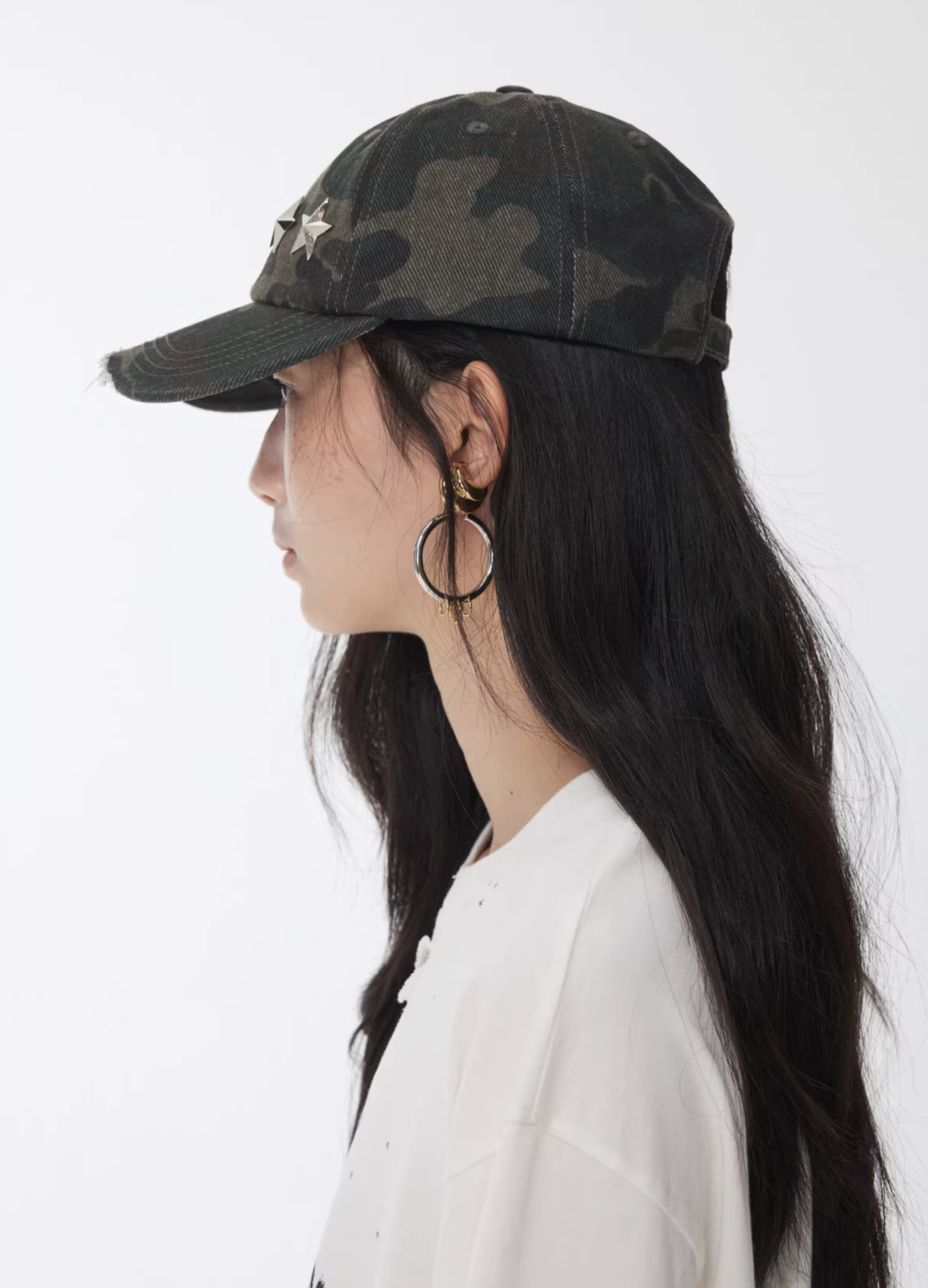 IN STOCK ♱ DISTRESSED STAR-STUDDED BASEBALL CAP ♱ GREEN CAMOUFLAGE - Image 3