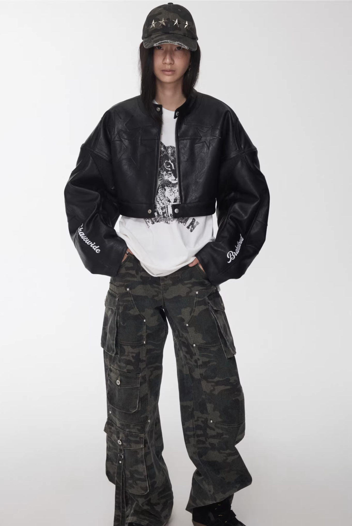 IN STOCK ♱ DISTRESSED STAR-STUDDED BASEBALL CAP ♱ GREEN CAMOUFLAGE - Image 10