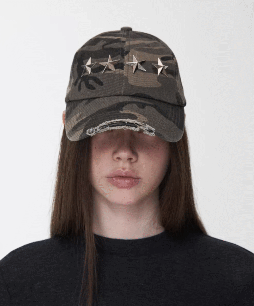 IN STOCK ♱ DISTRESSED STAR-STUDDED BASEBALL CAP ♱ GRAY CAMOUFLAGE