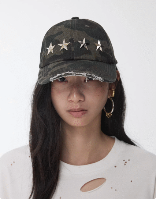IN STOCK ♱ DISTRESSED STAR-STUDDED BASEBALL CAP ♱ GREEN CAMOUFLAGE