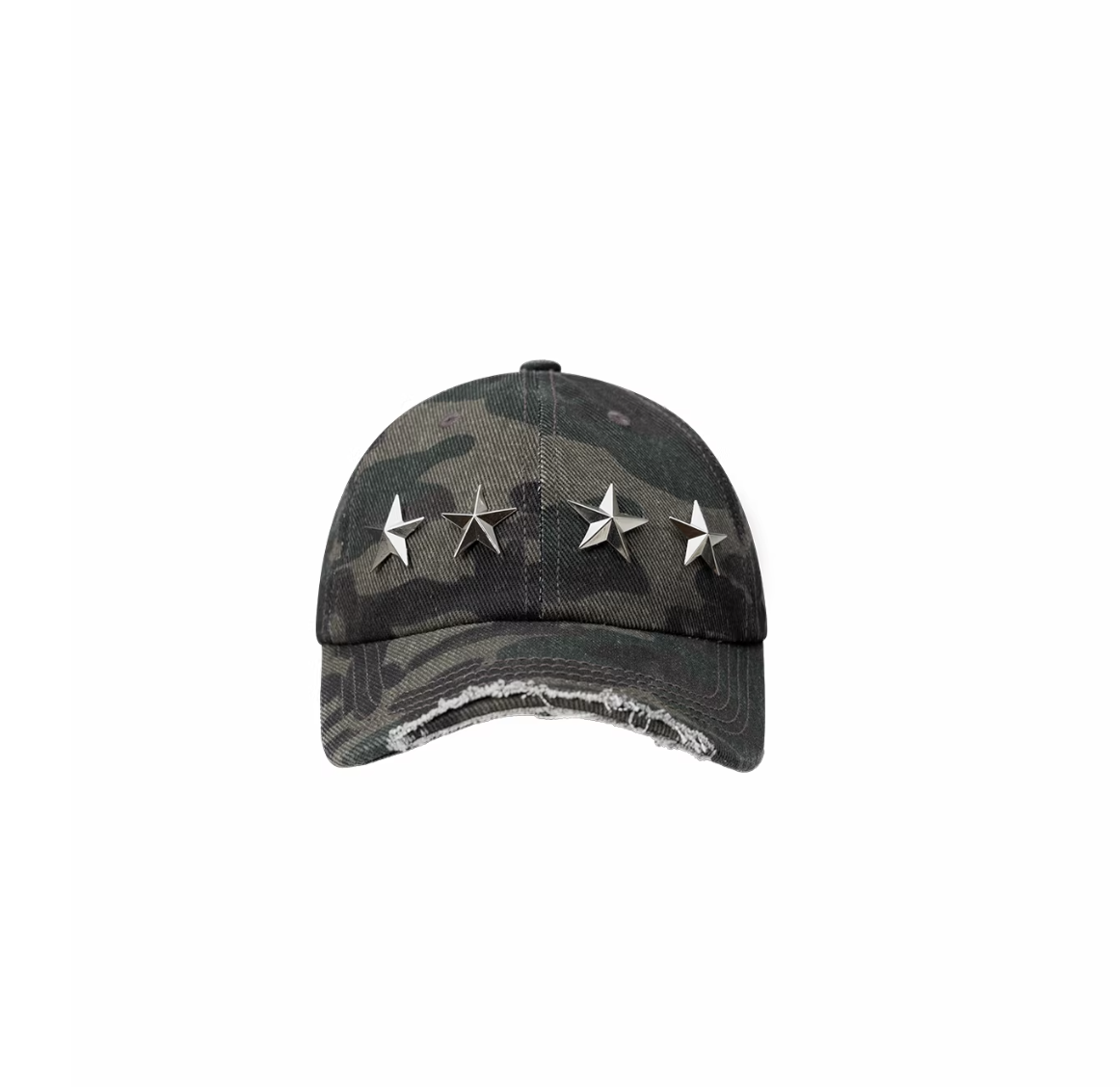 IN STOCK ♱ DISTRESSED STAR-STUDDED BASEBALL CAP ♱ GREEN CAMOUFLAGE - Image 5