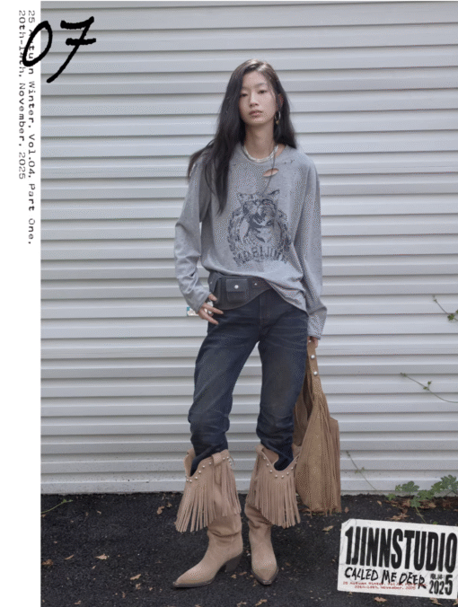 Alternative view of ♱ VINTAGE CAT PRINT DISTRESSED LONG-SLEEVE TEE – 3colors ♱ PRE-ORDER 10 DAYS