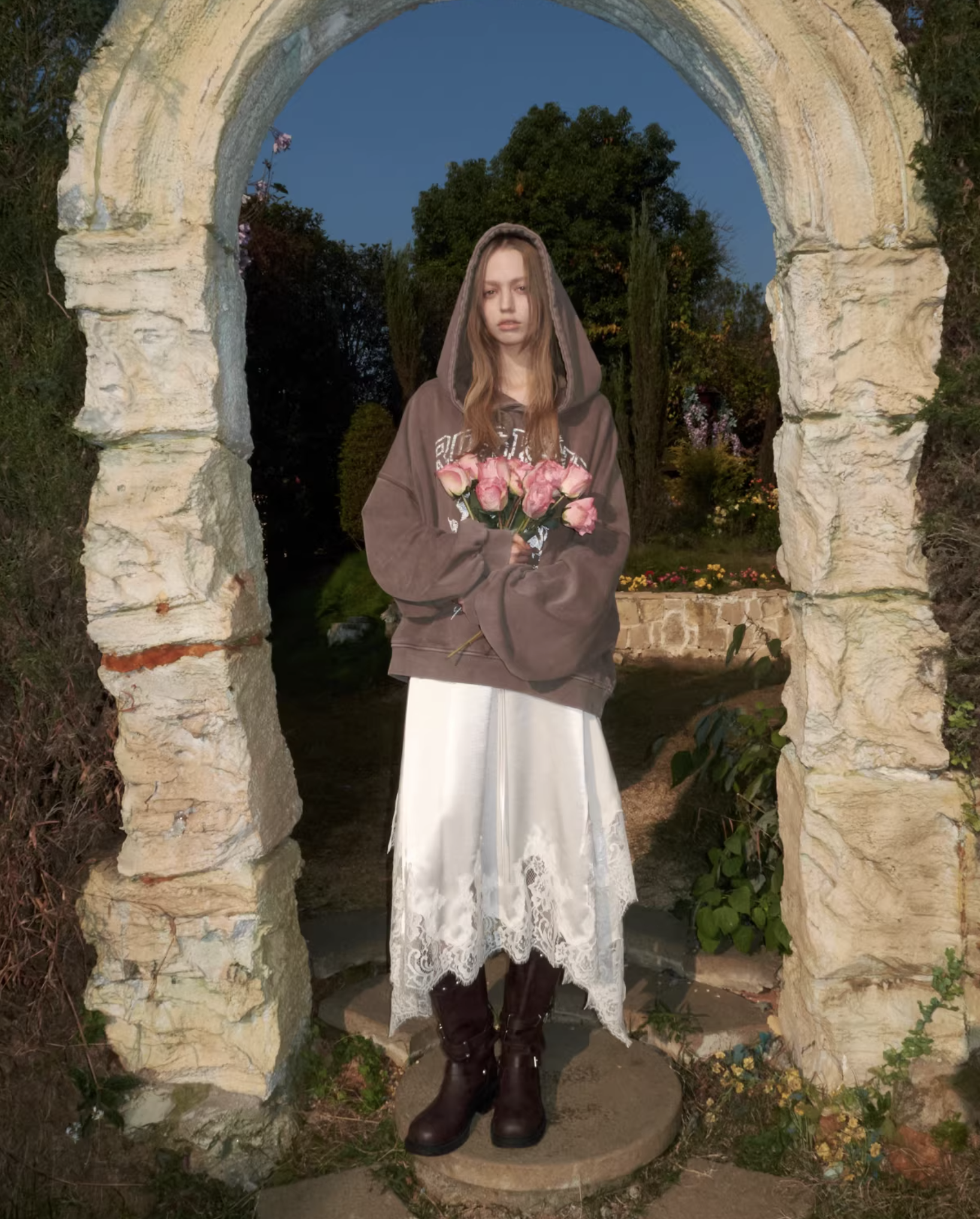 ♱ ROSKNT PRINT SLOUCHY WASHED HOODIE - 3colors ♱ PRE-ORDER 10 DAYS - Image 2