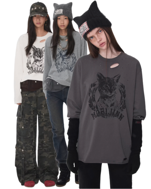 ♱ VINTAGE CAT PRINT DISTRESSED LONG-SLEEVE TEE – 3colors ♱ PRE-ORDER 10 DAYS