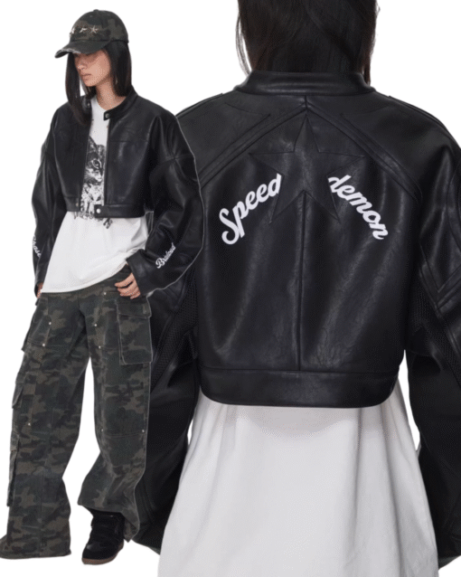 IN STOCK ♱ LETTER PRINT STRUCTURED CROPPED MOTO JACKET ♱