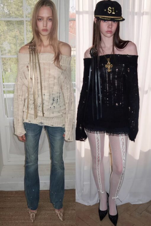 IN STOCK ♱ DISTRESSED KNIT STRAP SWEATER - 2colors