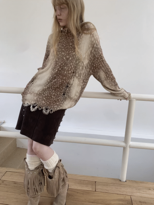 IN STOCK ♱ BAMBI FAWN DISTRESSED KNIT SWEATER