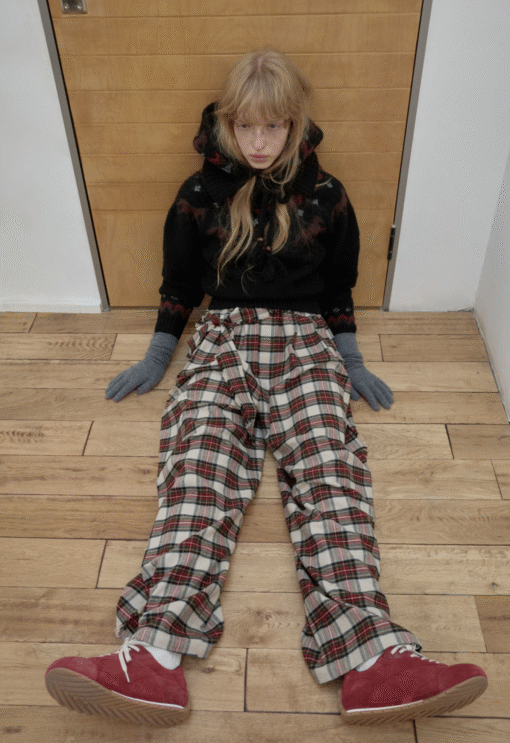 IN STOCK ♱ VINTAGE RED PLAID BRUSHED COTTON WIDE-LEG PANTS