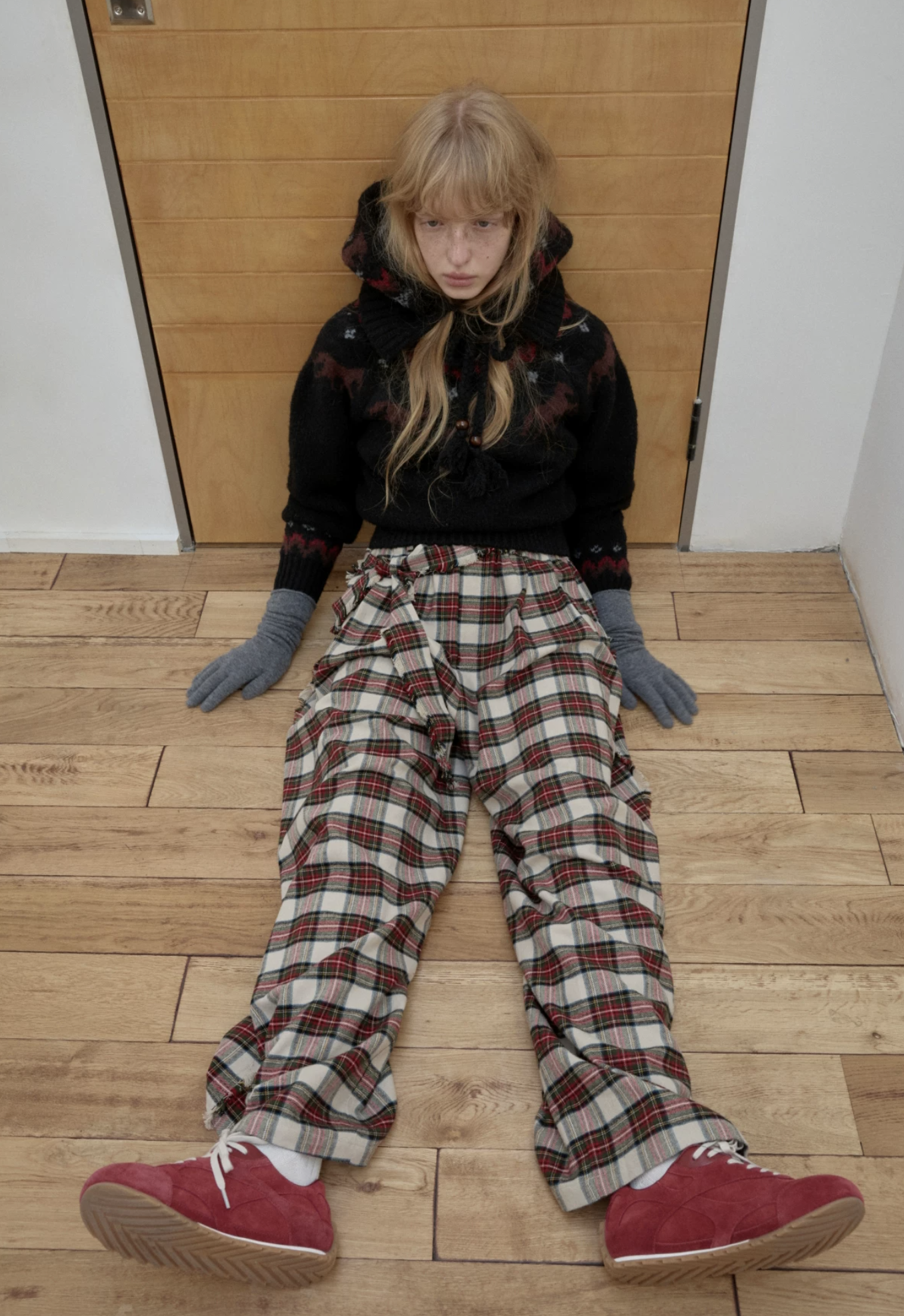 IN STOCK ♱ VINTAGE RED PLAID BRUSHED COTTON WIDE-LEG PANTS