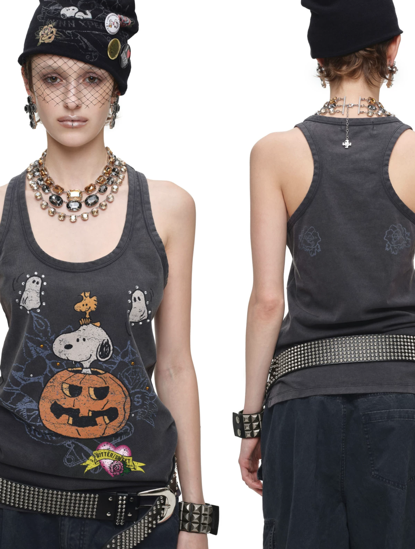 IN STOCK ♱ 1JINN x SNOOPY ੯‧̀͡⬮ PUMPKIN SNOOPY VINTAGE GRAPHIC TANK TOP - WASHED GRAY - Image 4