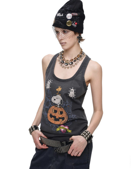 IN STOCK ♱ 1JINN x SNOOPY ੯‧̀͡⬮ PUMPKIN SNOOPY VINTAGE GRAPHIC TANK TOP - WASHED GRAY