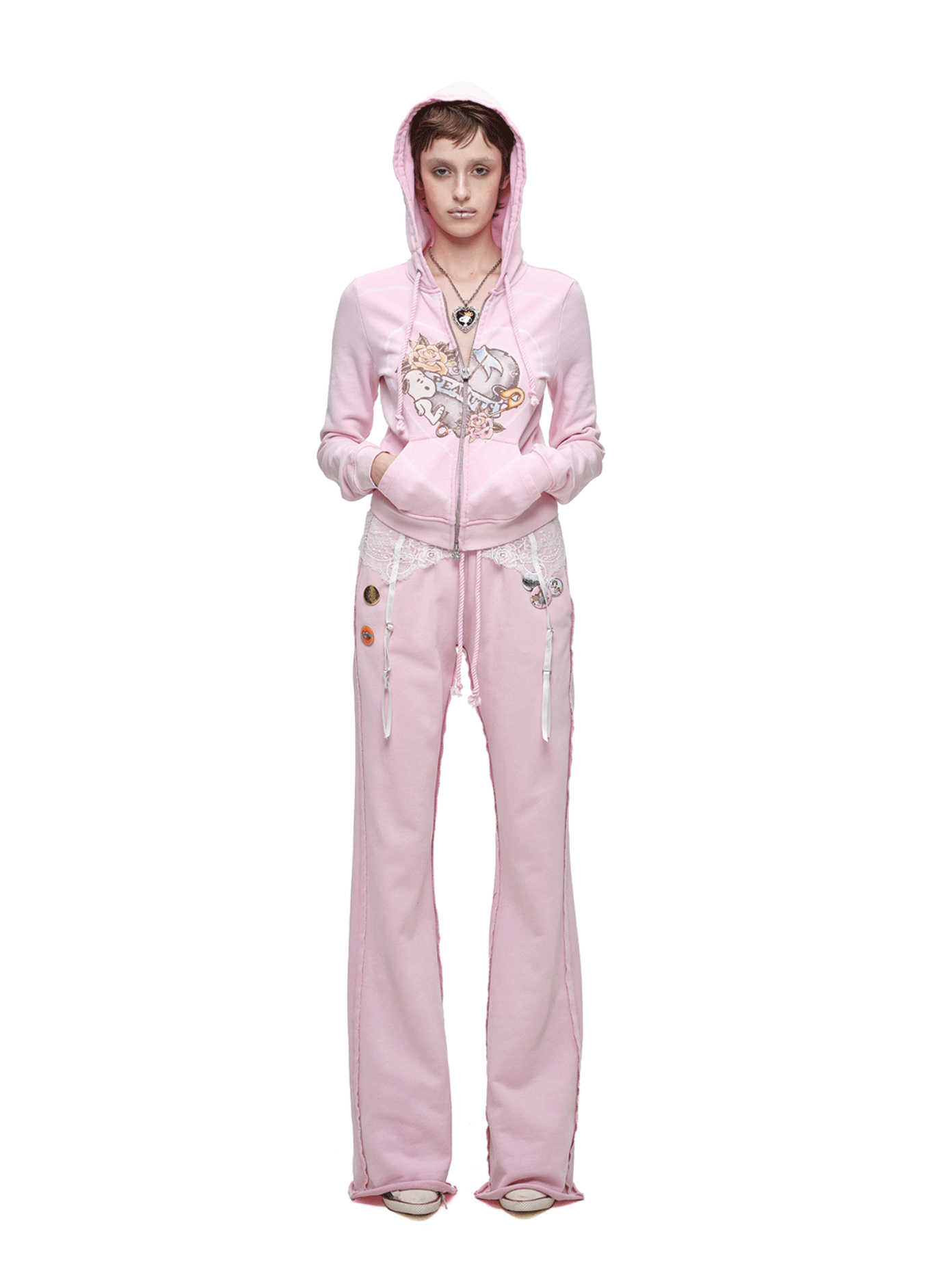 IN STOCK ♱ 1JINN x SNOOPY ੯‧̀͡⬮ PEANUTS VINTAGE HEART GRAPHIC ZIP HOODIE & LOUNGE PANTS - PINK - Image 5