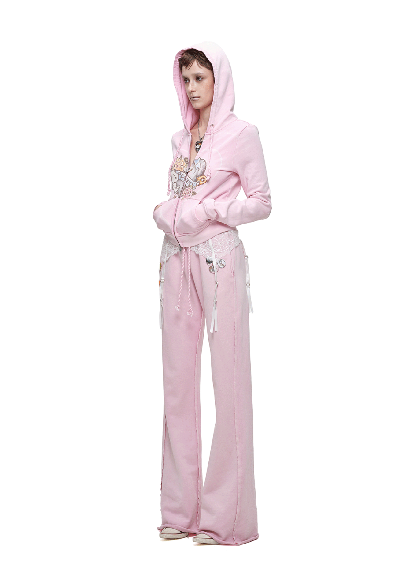 IN STOCK ♱ 1JINN x SNOOPY ੯‧̀͡⬮ PEANUTS VINTAGE HEART GRAPHIC ZIP HOODIE & LOUNGE PANTS - PINK - Image 6