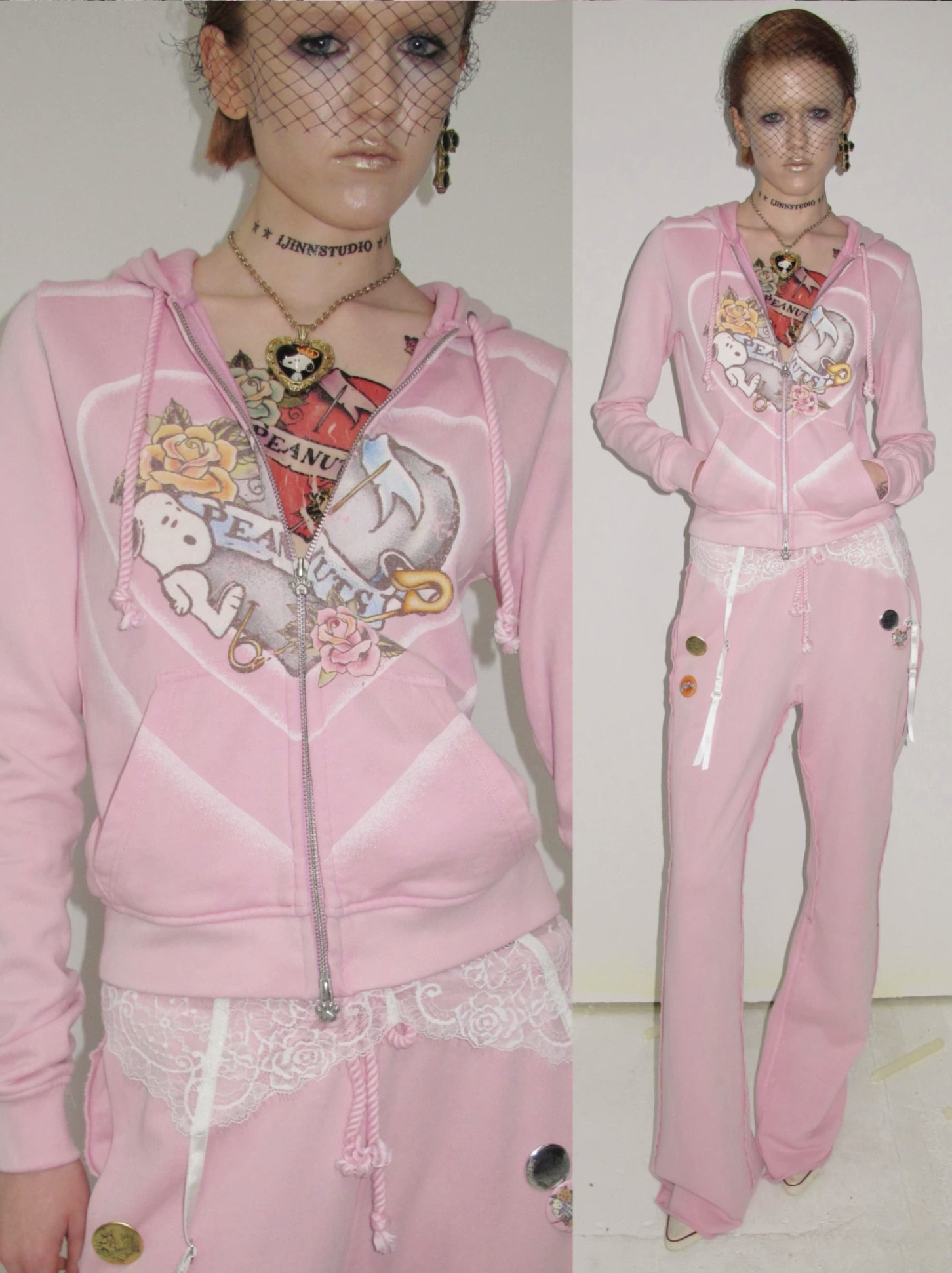 IN STOCK ♱ 1JINN x SNOOPY ੯‧̀͡⬮ PEANUTS VINTAGE HEART GRAPHIC ZIP HOODIE & LOUNGE PANTS - PINK - Image 17