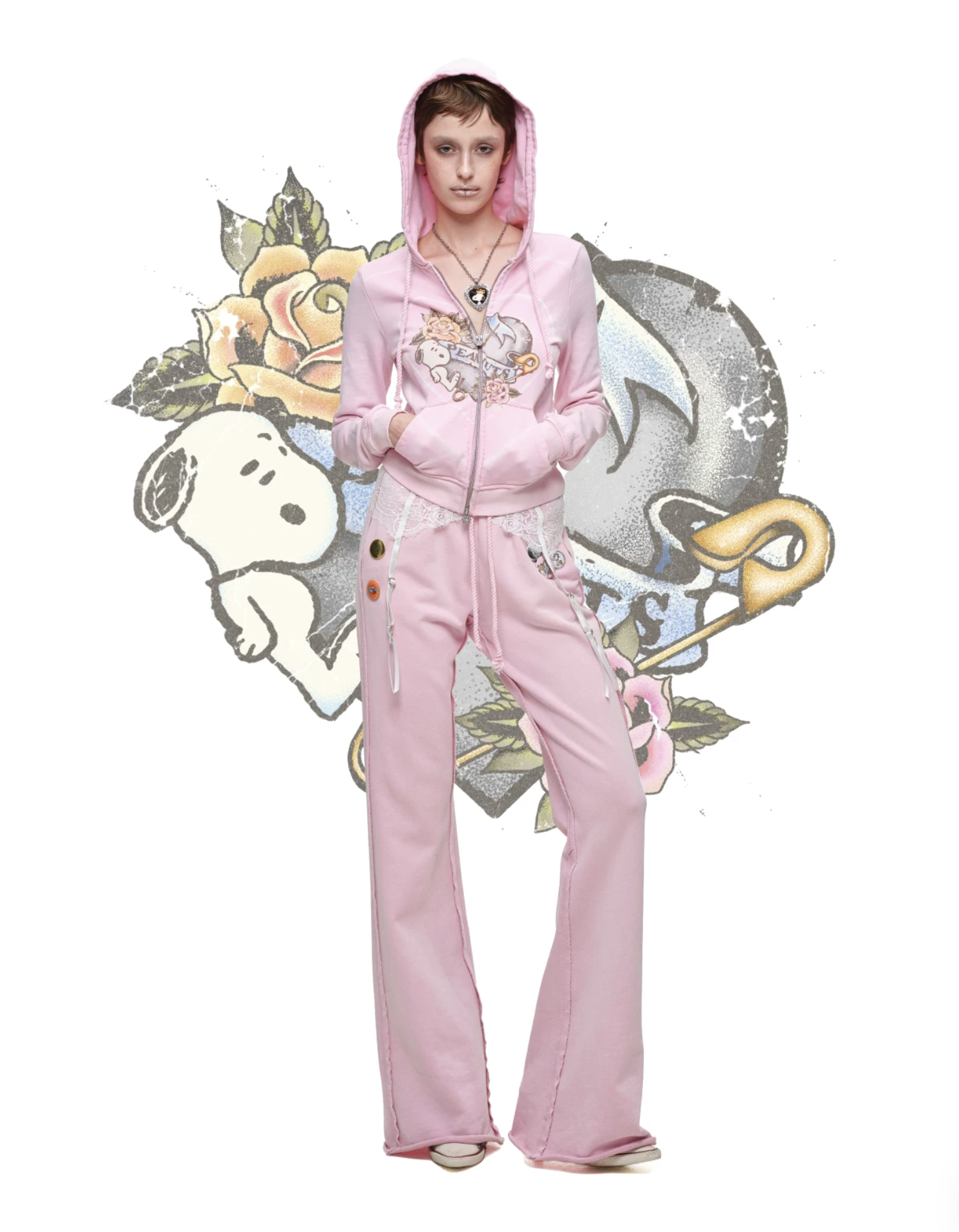 IN STOCK ♱ 1JINN x SNOOPY ੯‧̀͡⬮ PEANUTS VINTAGE HEART GRAPHIC ZIP HOODIE & LOUNGE PANTS - PINK