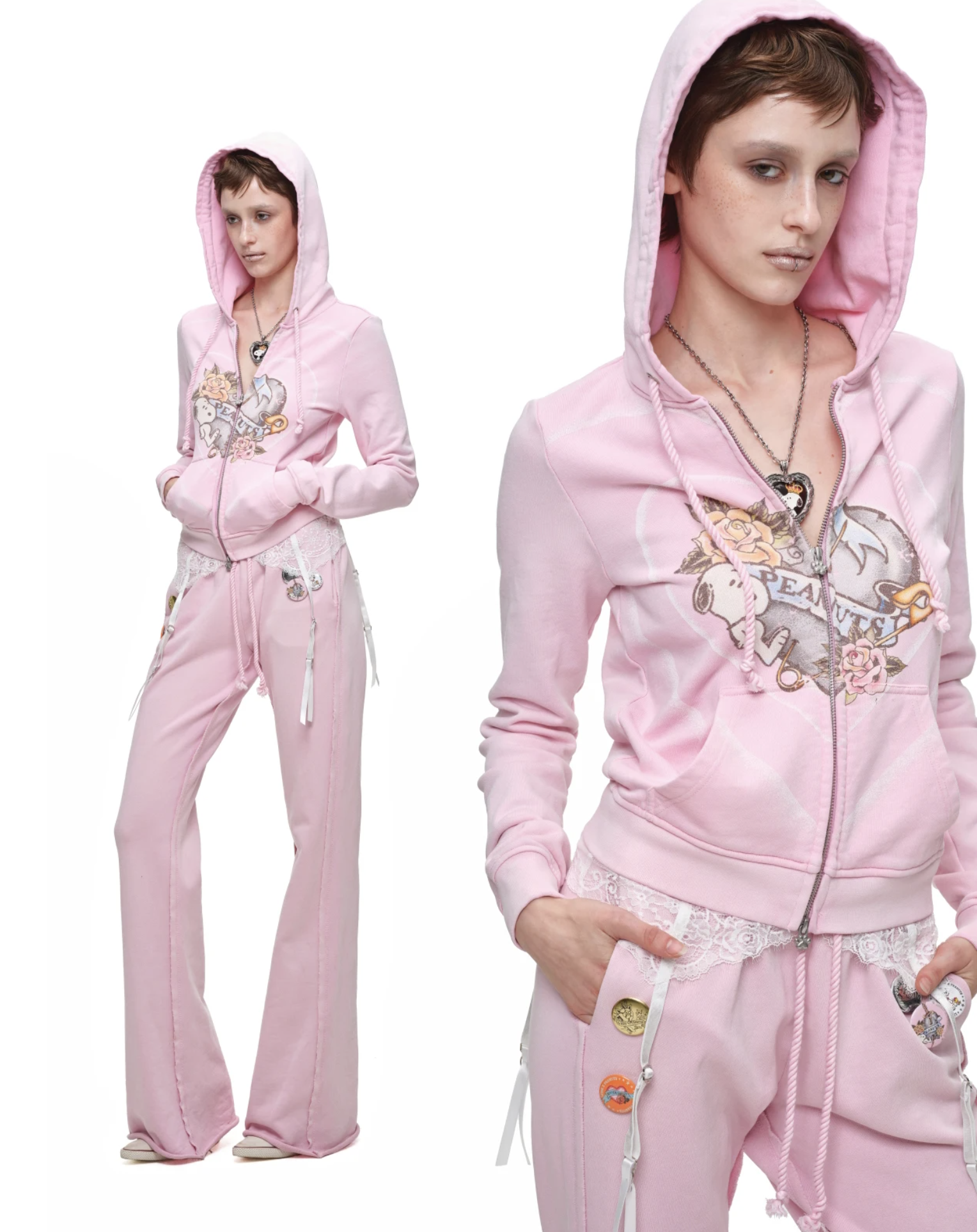 IN STOCK ♱ 1JINN x SNOOPY ੯‧̀͡⬮ PEANUTS VINTAGE HEART GRAPHIC ZIP HOODIE & LOUNGE PANTS - PINK - Image 14