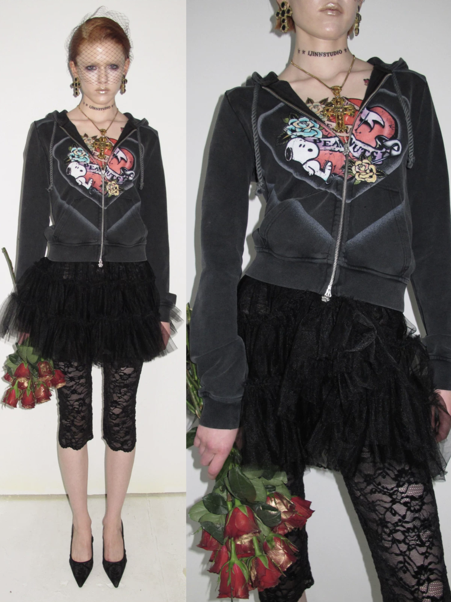 IN STOCK ♱ 1JINN x SNOOPY ੯‧̀͡⬮ PEANUTS VINTAGE HEART GRAPHIC ZIP HOODIE & LOUNGE PANTS - WASHED BLACK - Image 18