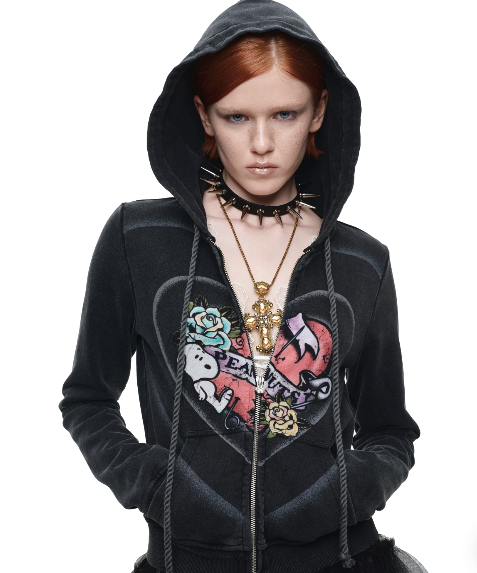 IN STOCK ♱ 1JINN x SNOOPY ੯‧̀͡⬮ PEANUTS VINTAGE HEART GRAPHIC ZIP HOODIE & LOUNGE PANTS - WASHED BLACK - Image 13