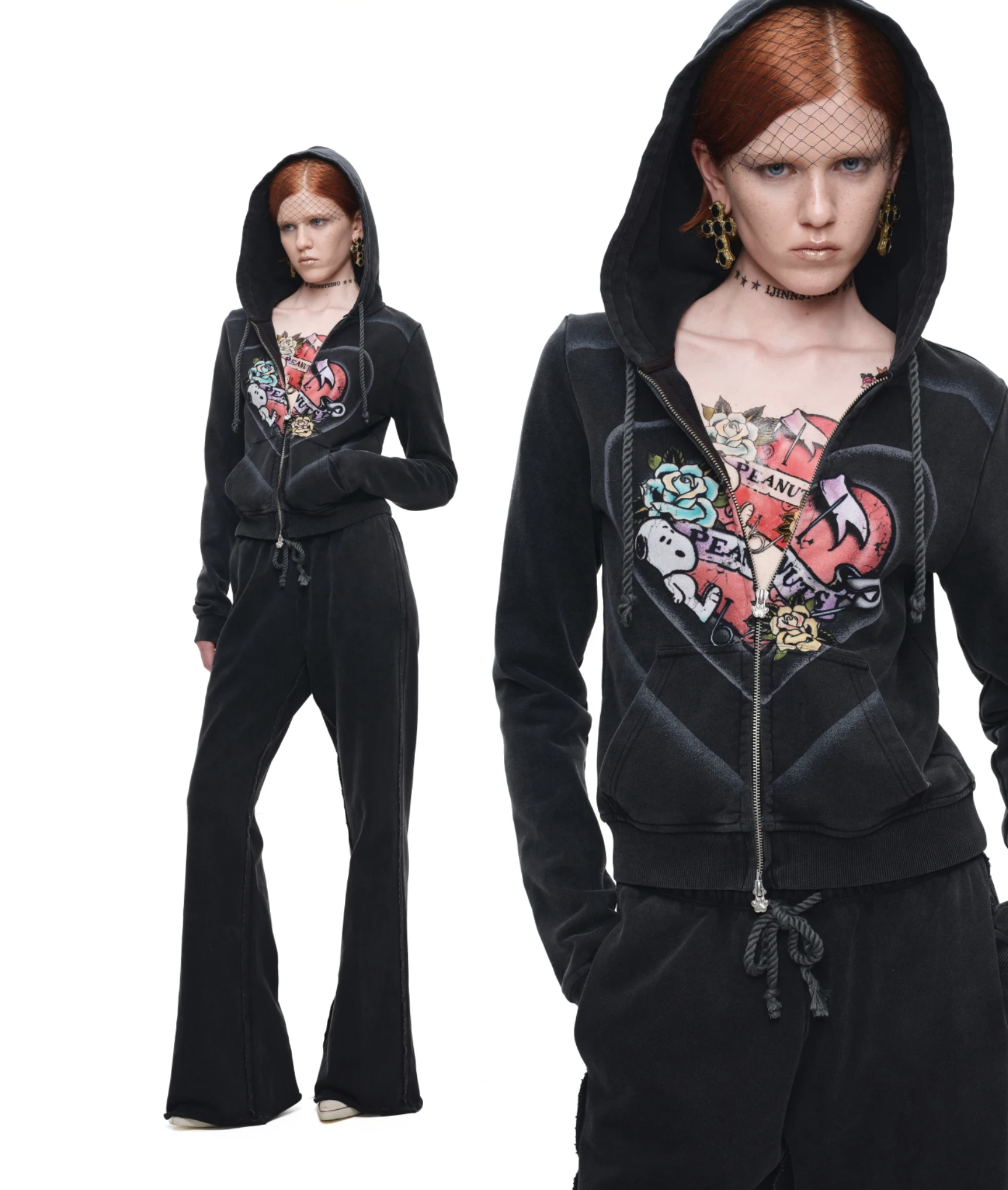 IN STOCK ♱ 1JINN x SNOOPY ੯‧̀͡⬮ PEANUTS VINTAGE HEART GRAPHIC ZIP HOODIE & LOUNGE PANTS - WASHED BLACK