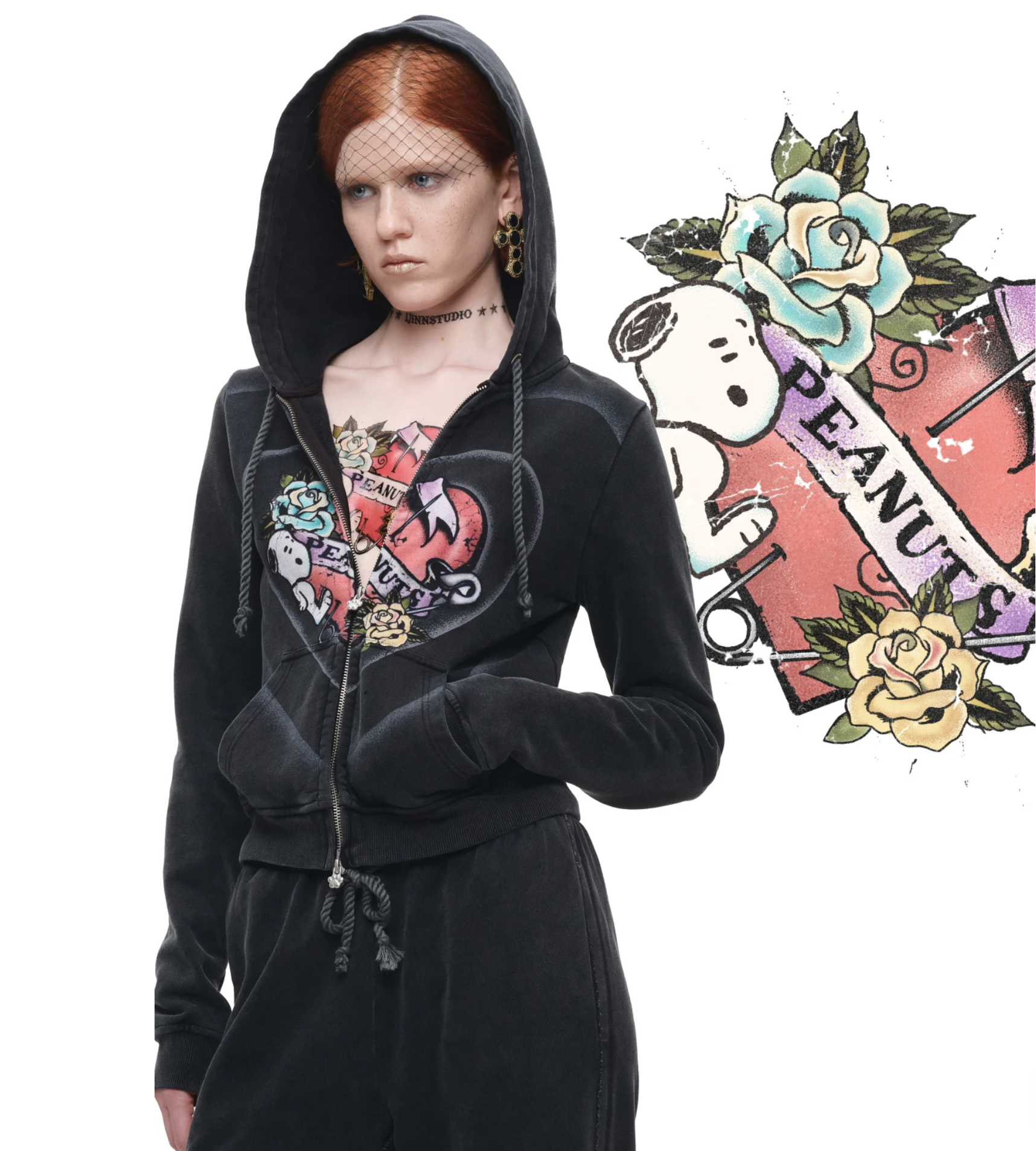 IN STOCK ♱ 1JINN x SNOOPY ੯‧̀͡⬮ PEANUTS VINTAGE HEART GRAPHIC ZIP HOODIE & LOUNGE PANTS - WASHED BLACK - Image 7