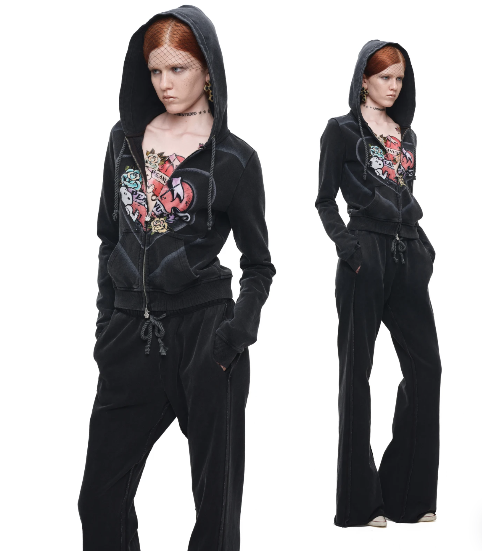 IN STOCK ♱ 1JINN x SNOOPY ੯‧̀͡⬮ PEANUTS VINTAGE HEART GRAPHIC ZIP HOODIE & LOUNGE PANTS - WASHED BLACK - Image 17