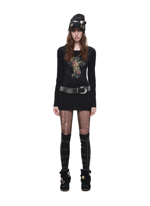 Alternative view of IN STOCK ♱ 1JINN VINTAGE TATTOO CROSS & ROSE OPEN-BACK LONGLINE TOP or MINI DRESS - BLACK