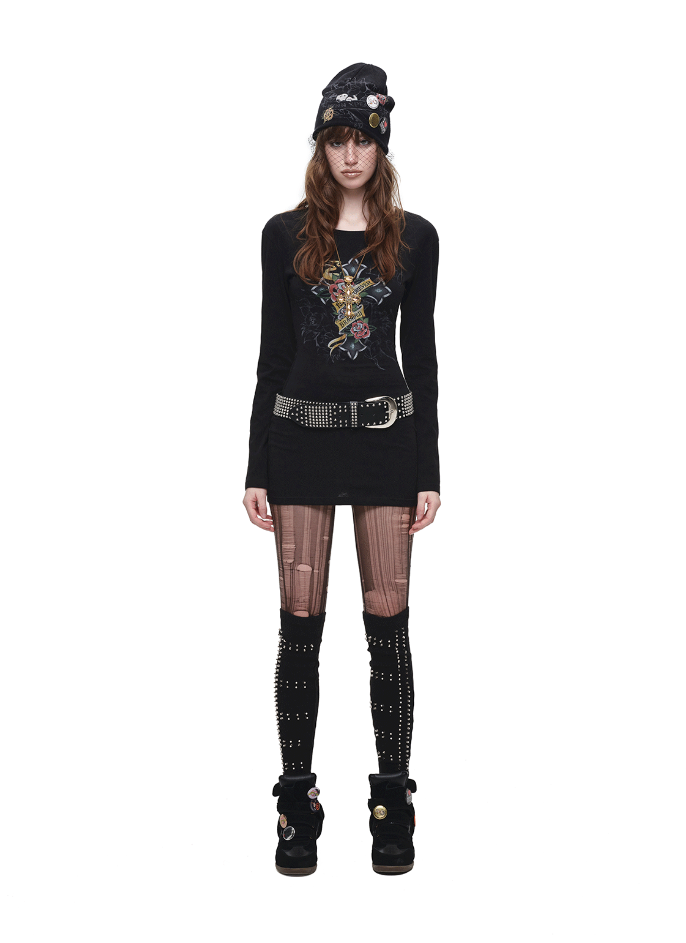 IN STOCK ♱ 1JINN VINTAGE TATTOO CROSS & ROSE OPEN-BACK LONGLINE TOP or MINI DRESS - BLACK - Image 2