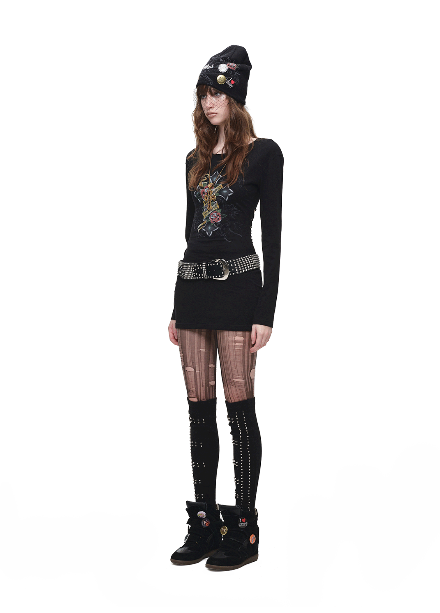 IN STOCK ♱ 1JINN VINTAGE TATTOO CROSS & ROSE OPEN-BACK LONGLINE TOP or MINI DRESS - BLACK - Image 3
