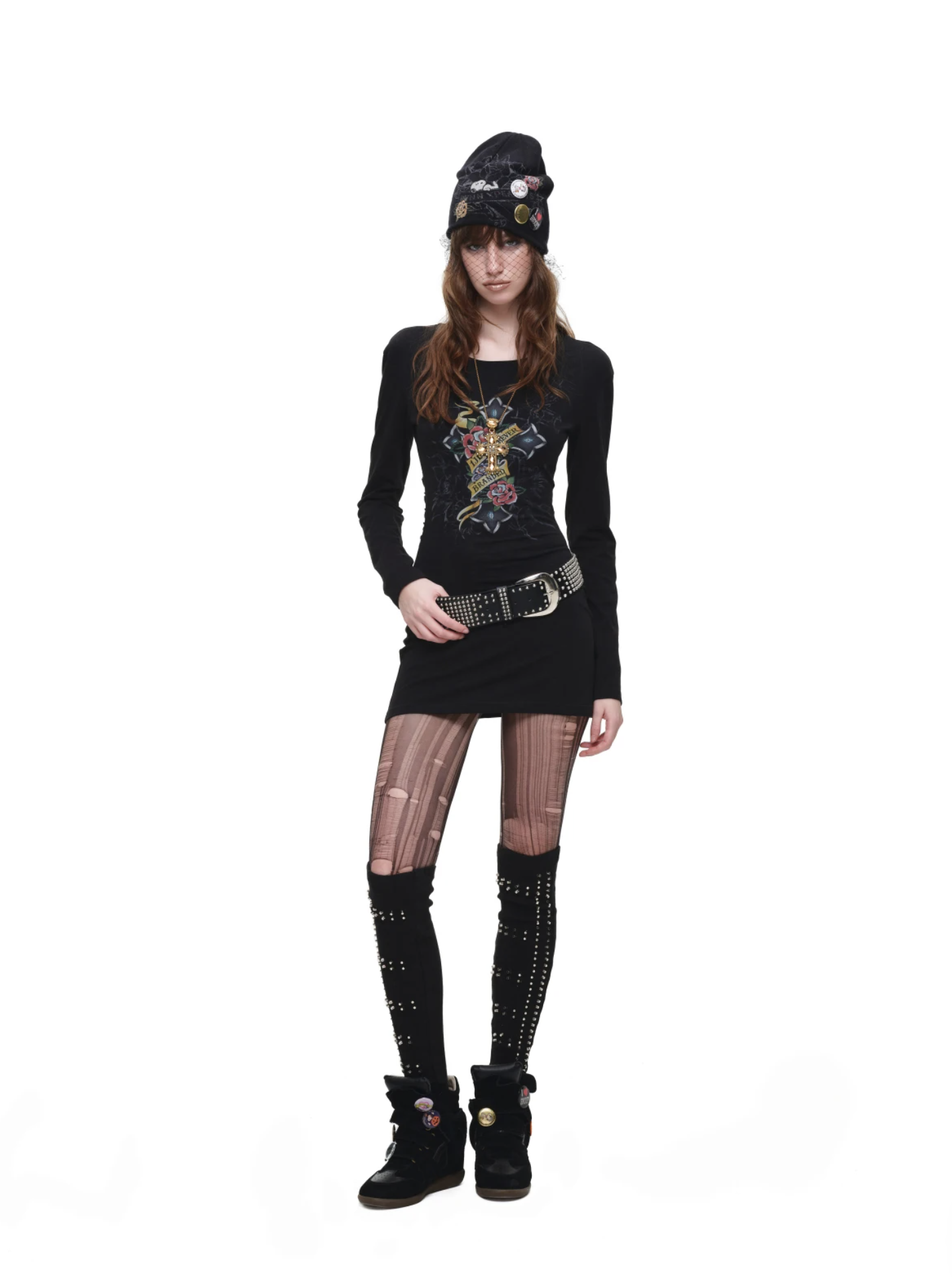 IN STOCK ♱ 1JINN VINTAGE TATTOO CROSS & ROSE OPEN-BACK LONGLINE TOP or MINI DRESS - BLACK - Image 6