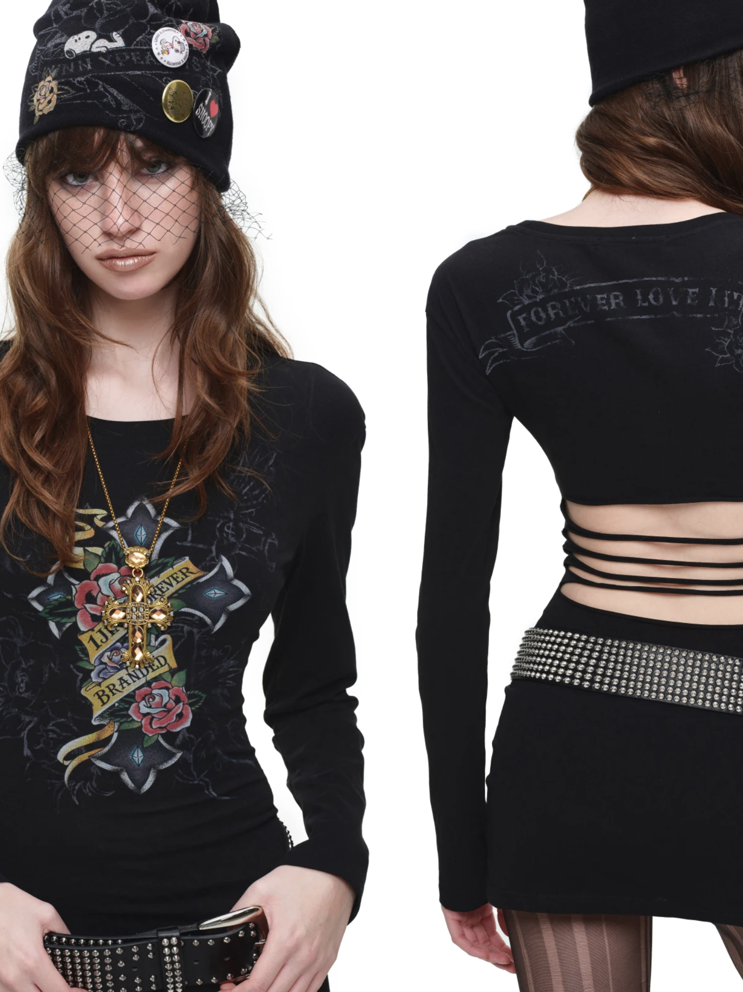 IN STOCK ♱ 1JINN VINTAGE TATTOO CROSS & ROSE OPEN-BACK LONGLINE TOP or MINI DRESS - BLACK - Image 7
